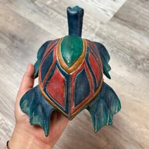 Vintage Hand-Carved Painted Wooden Turtle Figurine Folk Art Boho Decor 8" Long